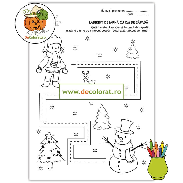 Labirint de iarnă – fișă de trasare cu om de zăpadă