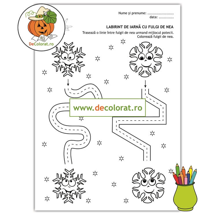 Labirint de iarnă – fișă de trasare cu fulgi de nea