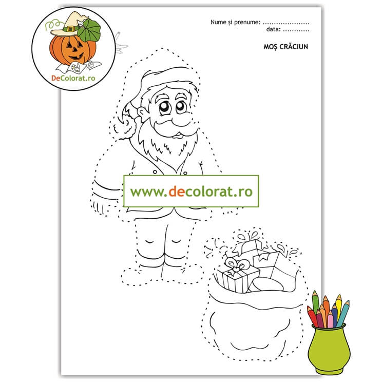 Moș Crăciun cu sacul cu cadouri – planșă de trasare după contur și de colorat