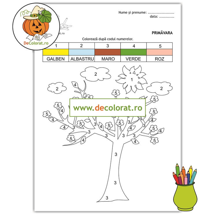 Tablou de primăvară – planșa de colorat după codul numerelor