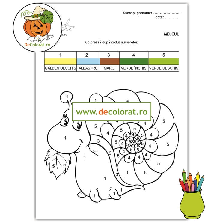 Melcul – planșa de colorat după codul numerelor