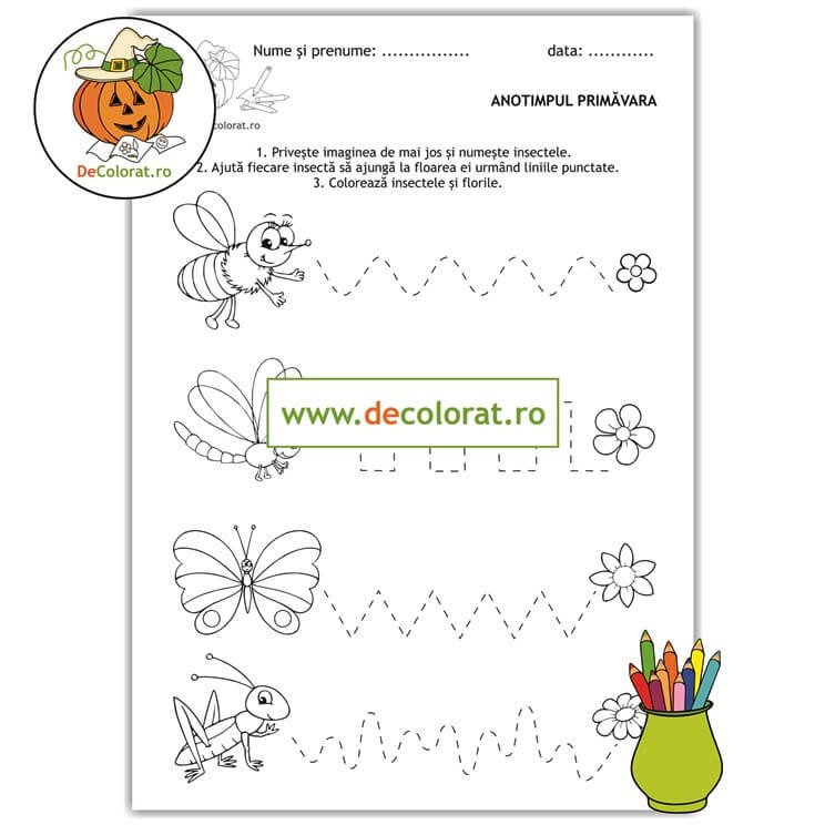 Primăvara – fișă de trasare cu elemente grafice cu insecte și flori