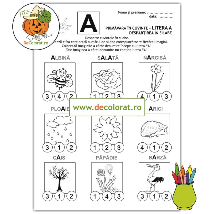 Primăvara în cuvinte – Litera A – fișă de lucru cu despărțirea în silabe