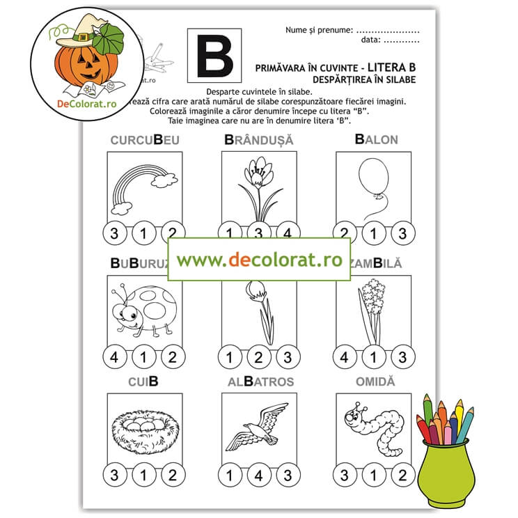 Primăvara în cuvinte – Litera B – fișă de lucru cu despărțirea în silabe