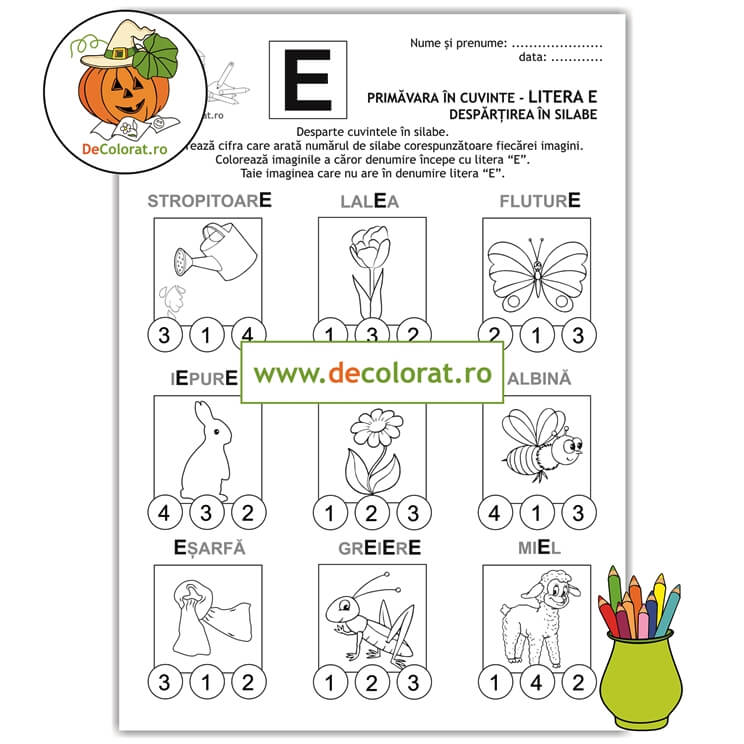 Primăvara în cuvinte – Litera E – fișă de lucru cu despărțirea în silabe