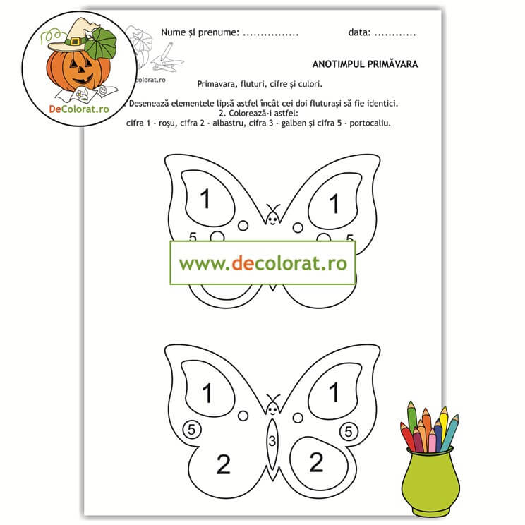 Primăvara – fișă de lucru cu fluturi, cifre, culori și forme