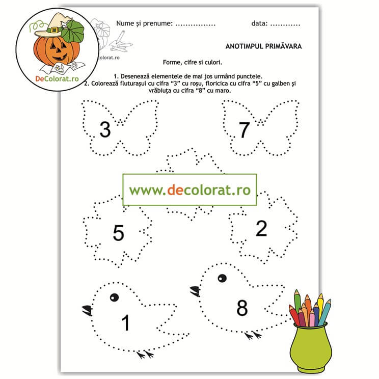 Primăvara – fișă de trasare  – forme, cifre și culori