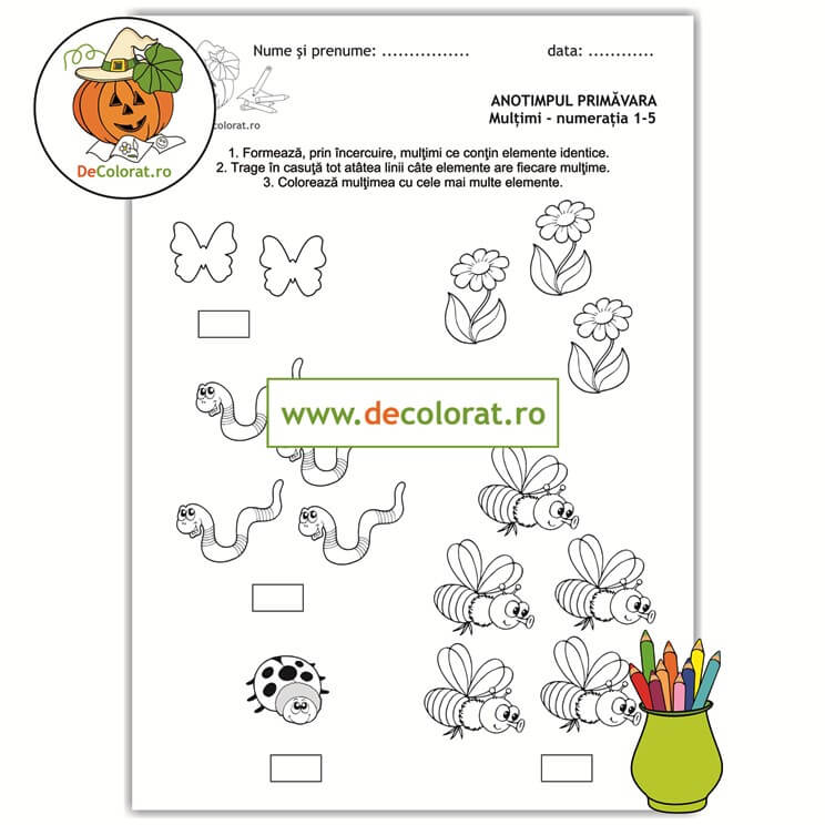 Primăvara – fișă de lucru formare mulțimi cu insecte și flori