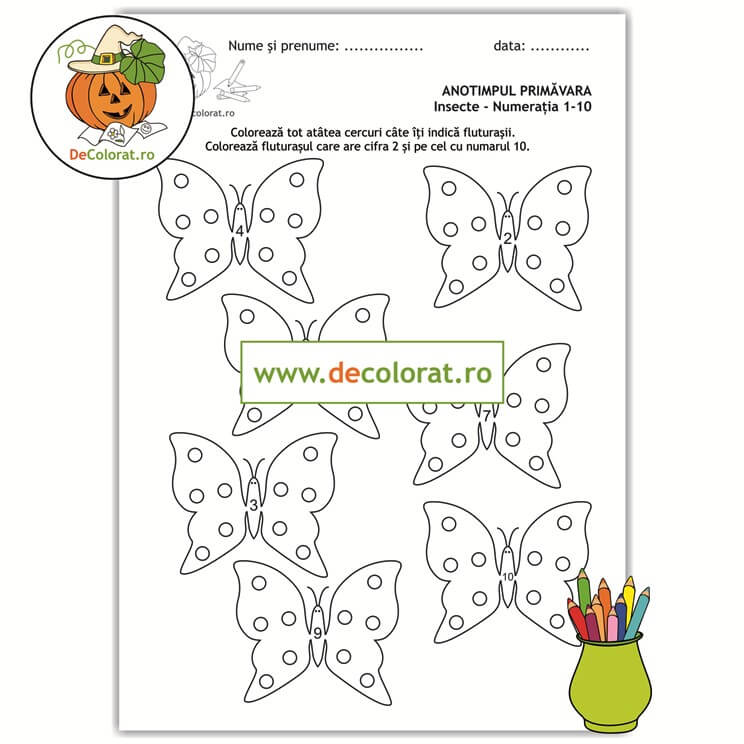 Primăvara – fișă de lucru cu fluturi – numerația în limitele 1-10