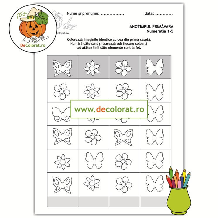 Primăvara – fișă de lucru cu fluturași – numerația în limitele 1-5