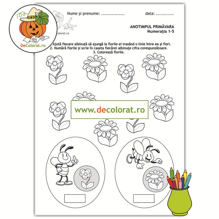 Primăvara – fișă de lucru cu albinuțe și flori – numeratia în limitele 1-5