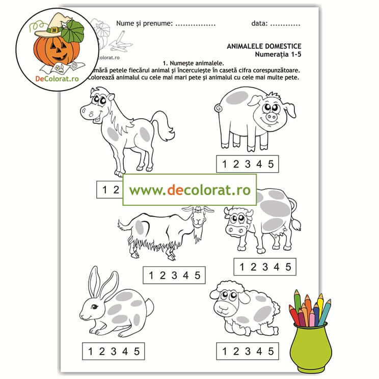 Fișă de lucru cu animale domestice – numerația în limitele 1-5 – primăvara