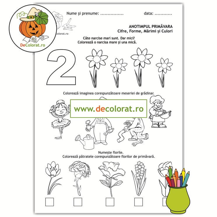 Primăvara – cifre, forme, mărimi și culori – fișă de lucru cu cifra 2
