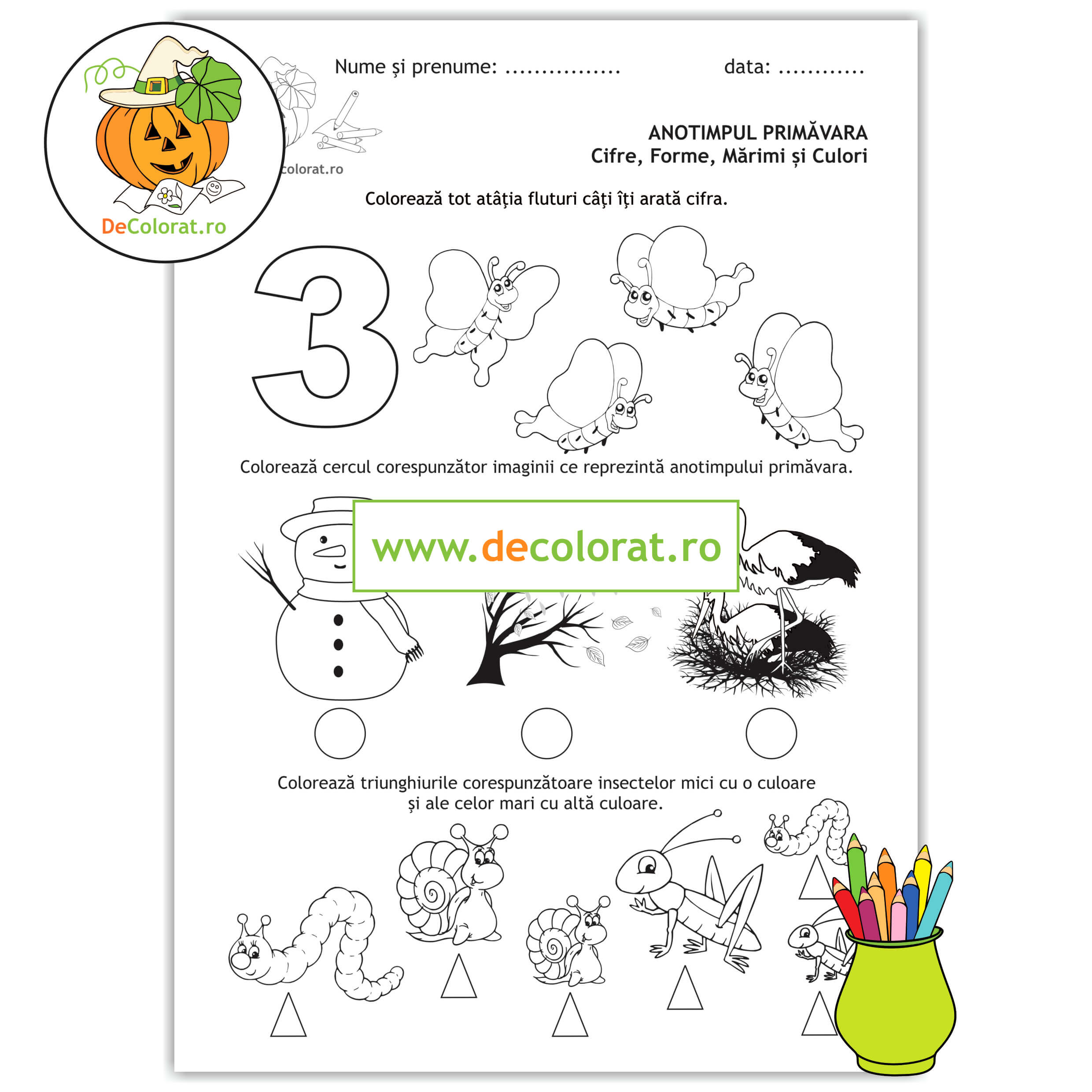 Primăvara – cifre, forme, mărimi și culori – fișă de lucru cu cifra 3