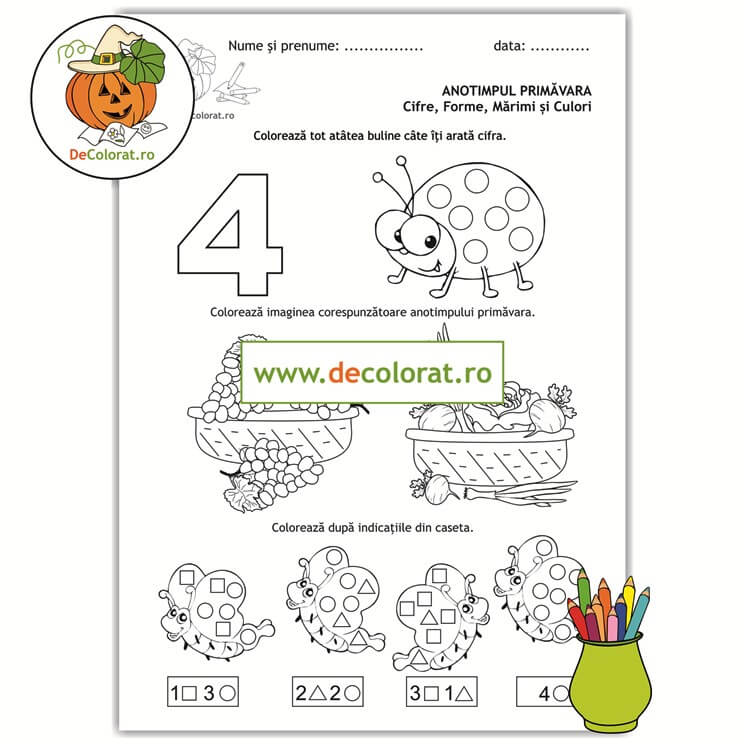 Primăvara – cifre, forme, mărimi și culori – fișă de lucru cu cifra 4