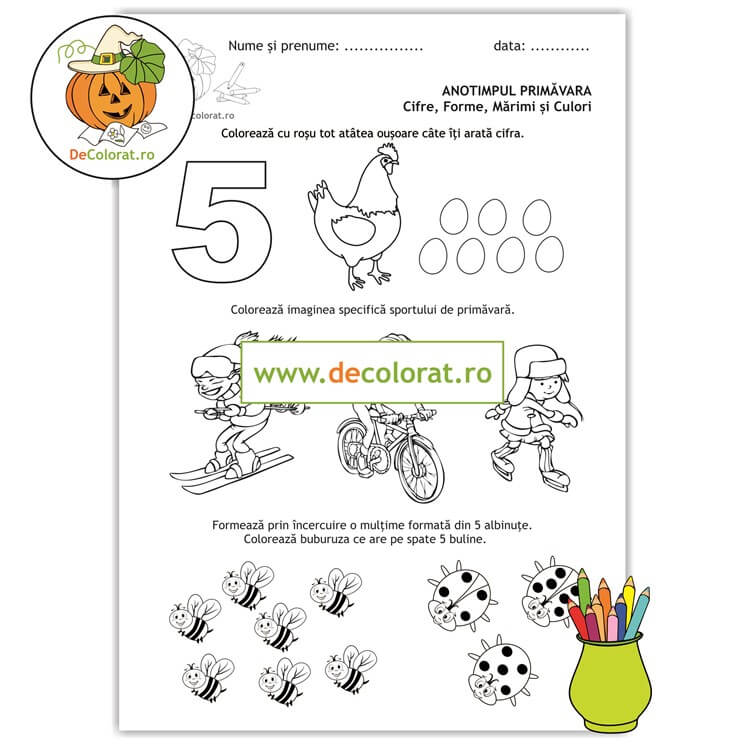 Primăvara – cifre, forme, mărimi și culori – fișă de lucru cu cifra 5