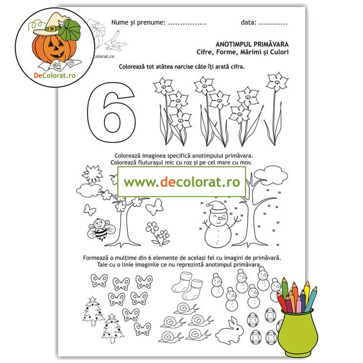 Primăvara – cifre, forme, mărimi și culori – fișă de lucru cu cifra 6