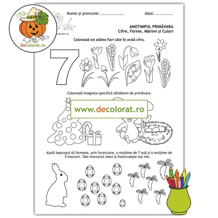 Primăvara – cifre, forme, mărimi și culori – fișă de lucru cu cifra 7