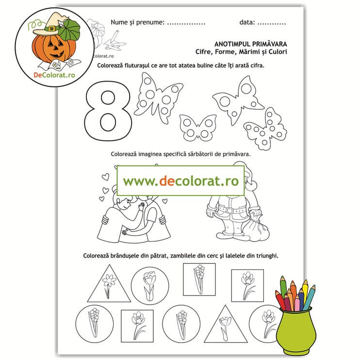 Primăvara – cifre, forme, mărimi și culori – fișă de lucru cu cifra 8