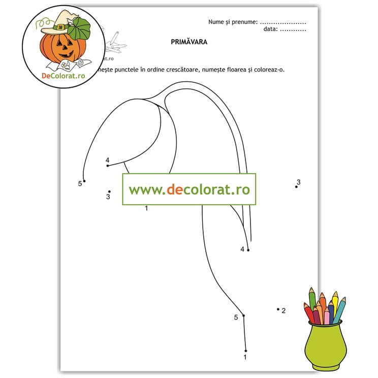 Fișă de trasare cu ghiocel – numerația 1-5 – activități de primăvară