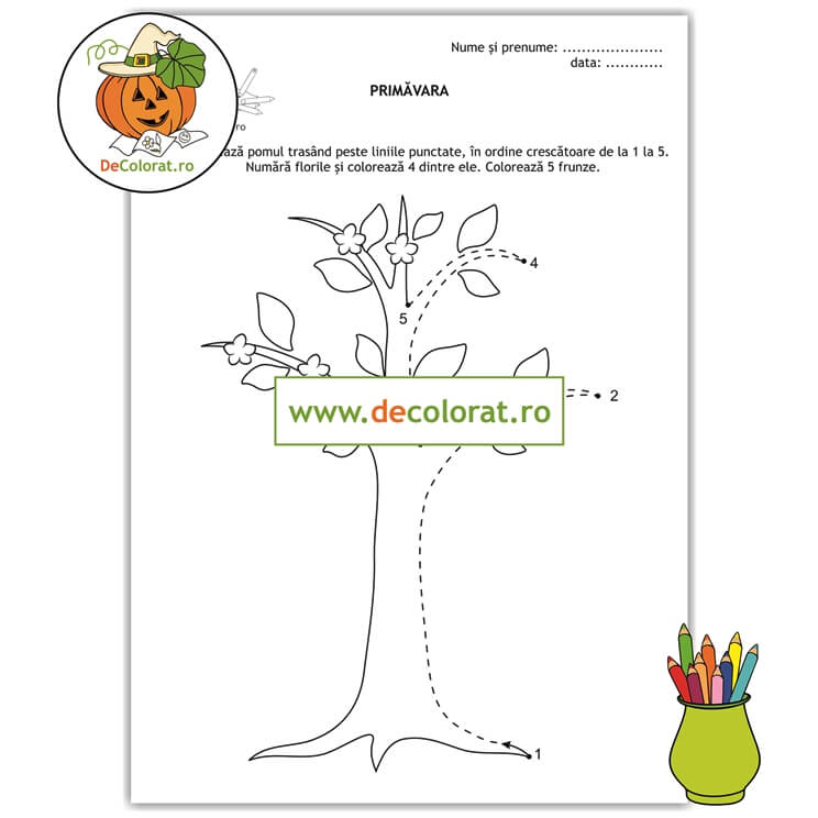 Fișă de trasare cu linii punctate – mărul înflorit – numerația 1-5