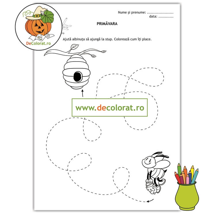 Fișă de lucru cu linii punctate cu albinuța harnică – anotimpul primăvara
