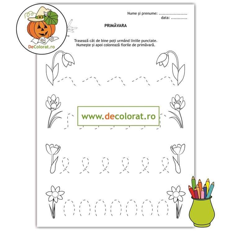Fișă de lucru cu elemente grafice cu flori de primăvară
