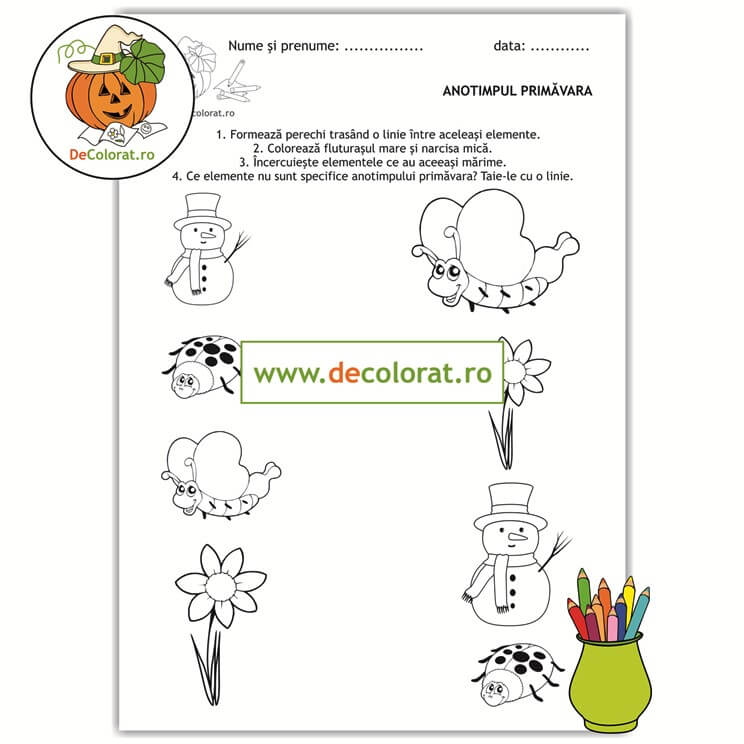 Fișă de lucru formare perechi, comparare mărimi cu elemente de primăvară