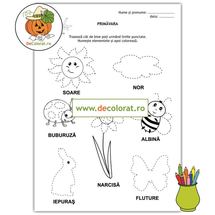 Fișă de trasare cu imagini de primăvară – vocabular