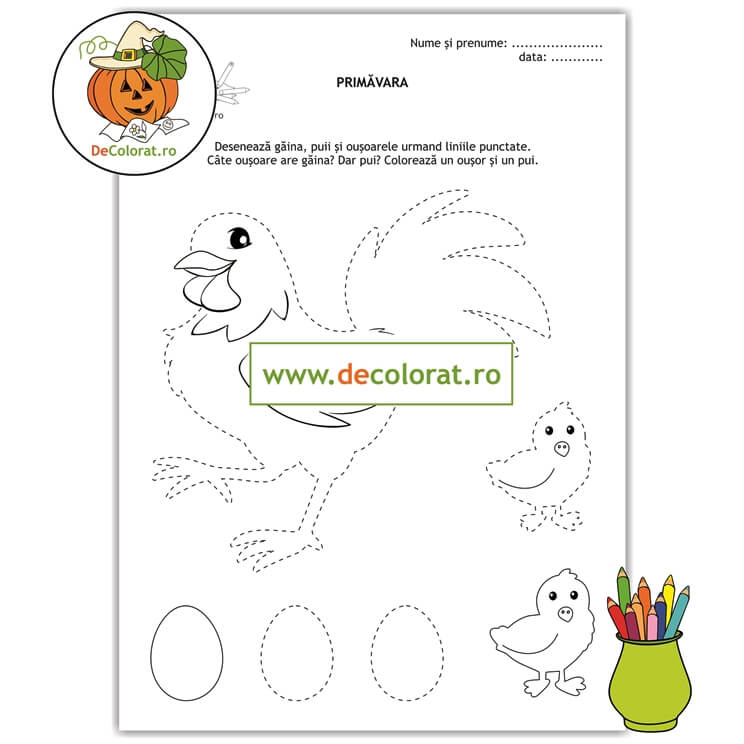 Fișă de lucru cu linii punctate – cloșca cu ouă și pui – numerația 1-3