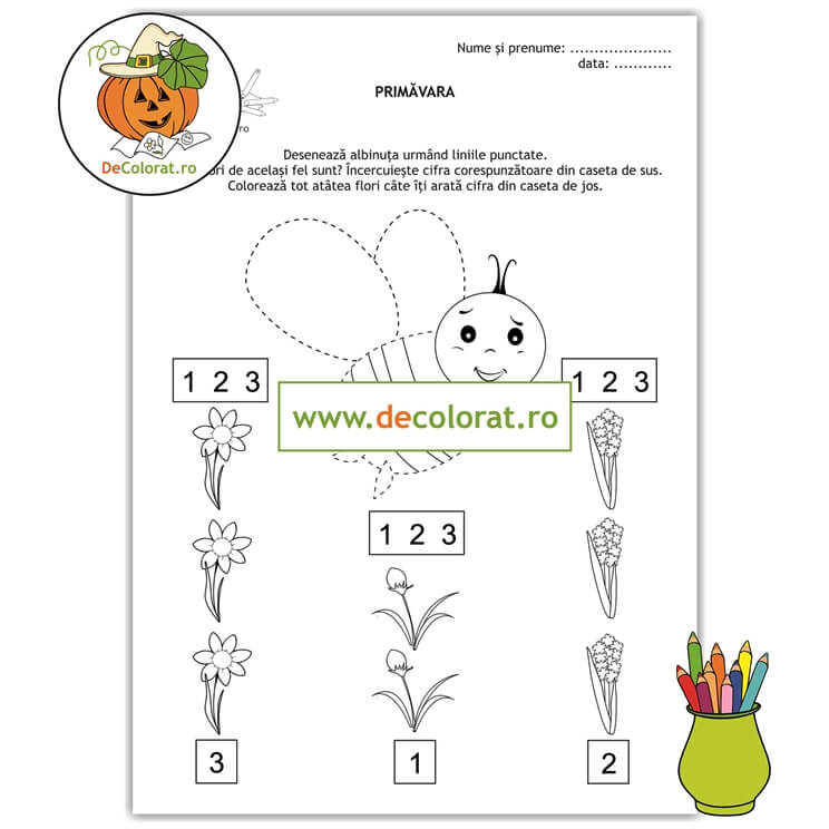 Fișă de lucru cu linii punctate – albina cu flori de primăvară – numerația 1-3