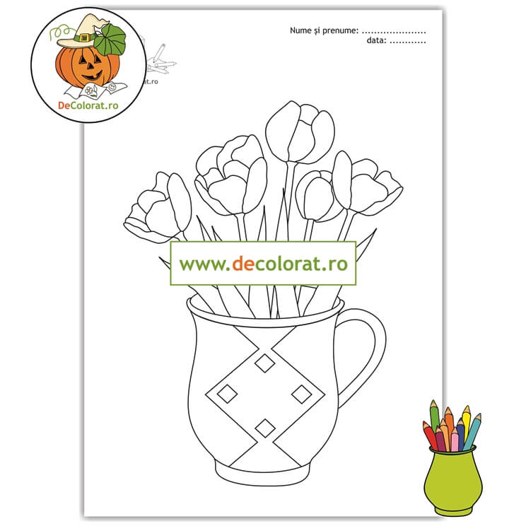 Planșă de colorat – Vaza cu lalele – florile primăverii