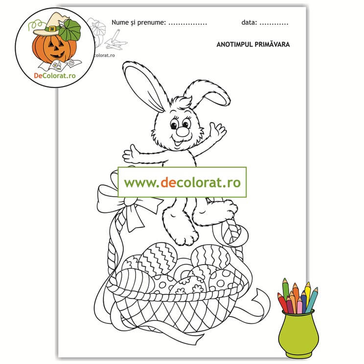 Planșă de colorat cu iepurașul de paste și coșul cu ouă încondeiate