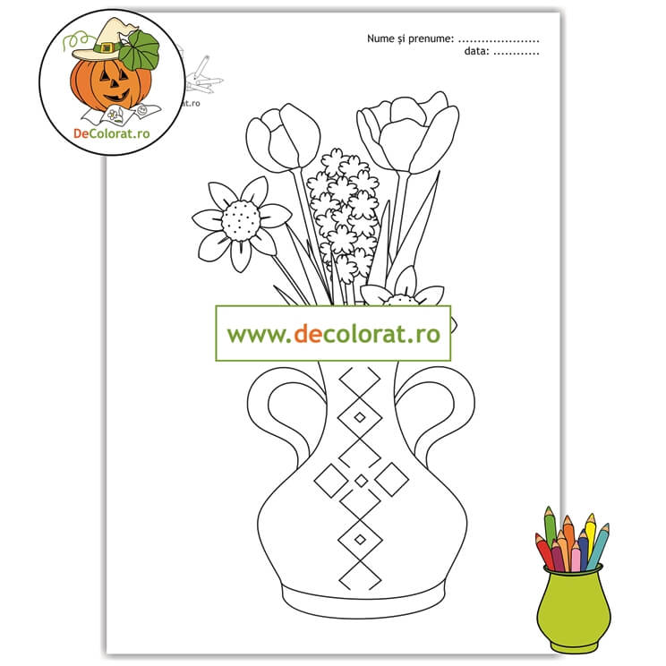 Planșă de colorat  – Vază cu flori de primăvară