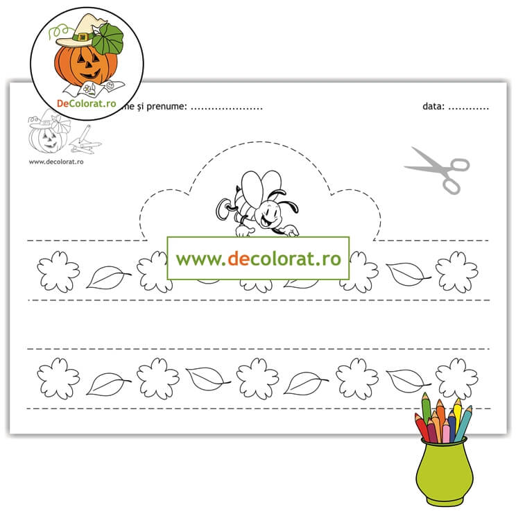 Coroniță de primăvară – fișă de colorat și decupat cu albinuță și flori