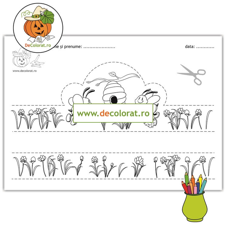 Coroniță de primăvară – fișă de colorat și decupat cu albinuțe și brândușe