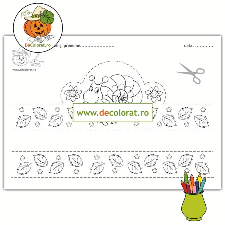 Coroniță de primăvară – fișă de colorat și decupat cu melc, frunze și flori