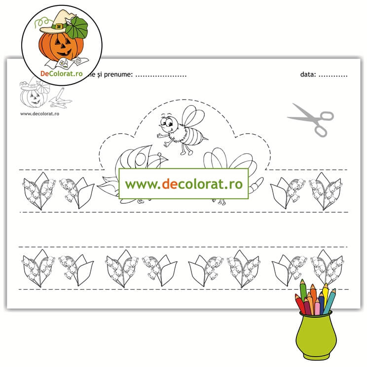 Coroniță de primăvară – fișă de colorat și decupat cu insecte și lăcrămioare