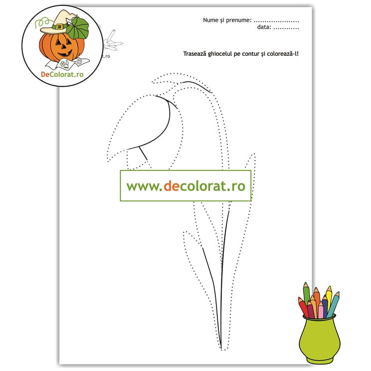 Ghiocelul – fișă de lucru cu linii punctate cu floare de primăvară