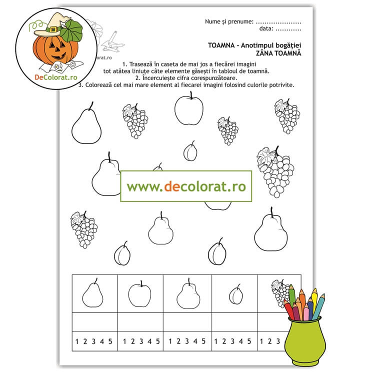 Toamna cea bogată – fișă de lucru cu fructe – numeratia în limitele 1-5