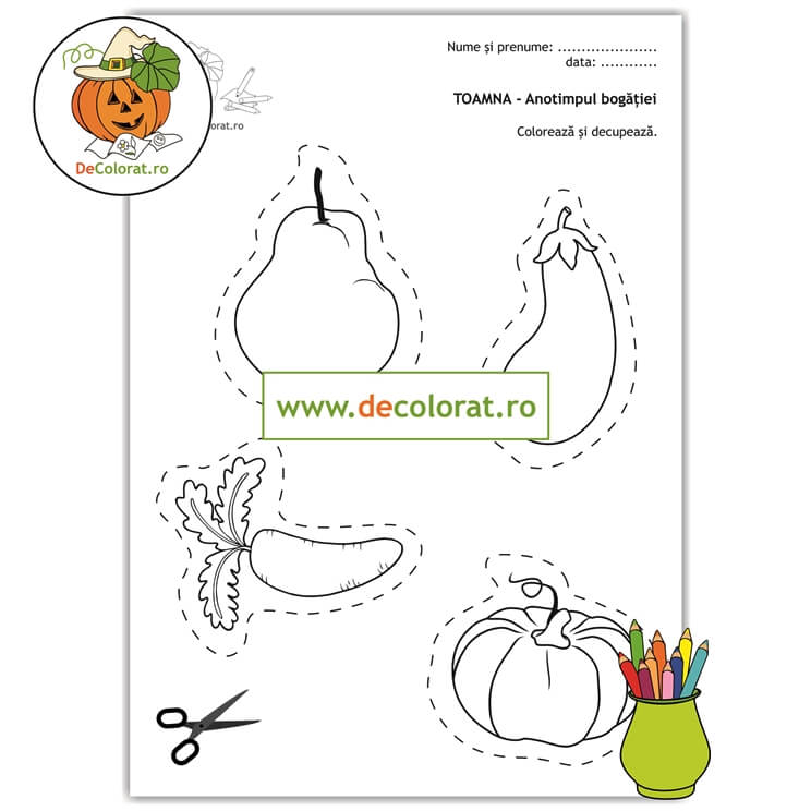 Fructe și legume de toamnă – fișă de colorat și de tăiere cu foarfeca
