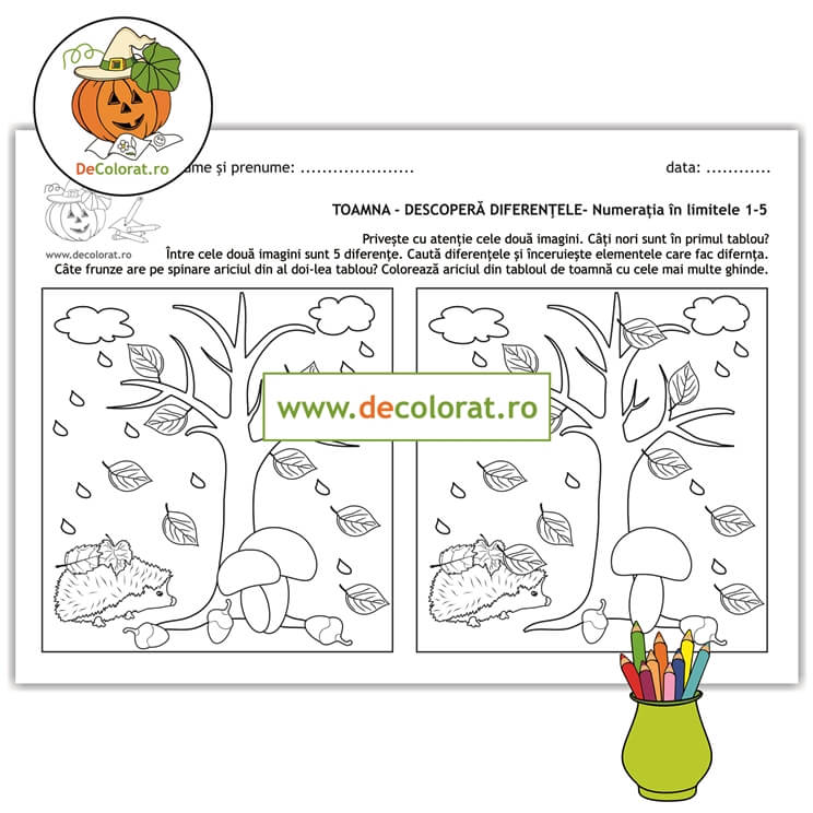 Toamna cea ploioasă – fișă de lucru – descoperă diferențele – numerația în limitele 1-5