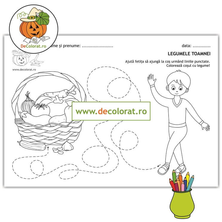 Coșul cu legumele toamnei – fișă de trasare și de colorat