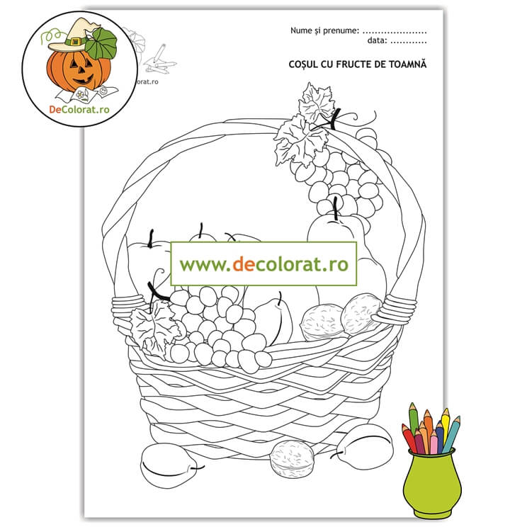 Coșul cu fructele toamnei – planșă de colorat
