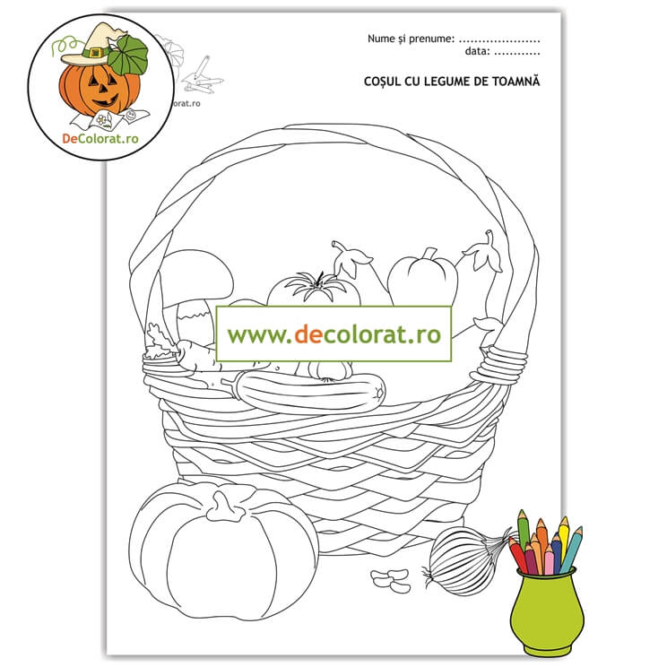 Coșul cu legumele toamnei – planșă de colorat