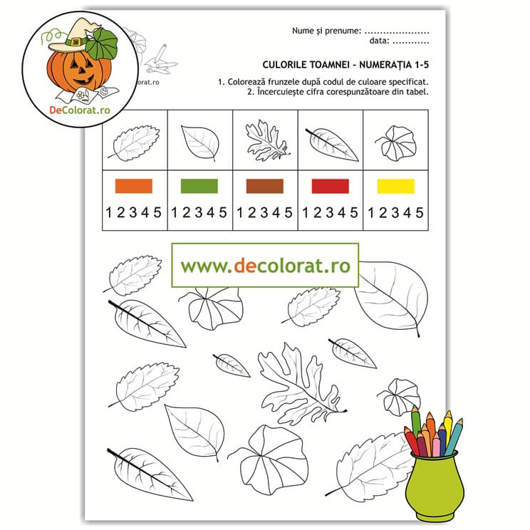 Culorile toamnei – fișă de colorat frunze – numerația în limitele 1-5