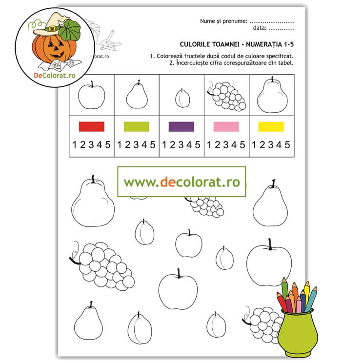 Culorile toamnei – fișă de colorat fructe – numerația în limitele 1-5