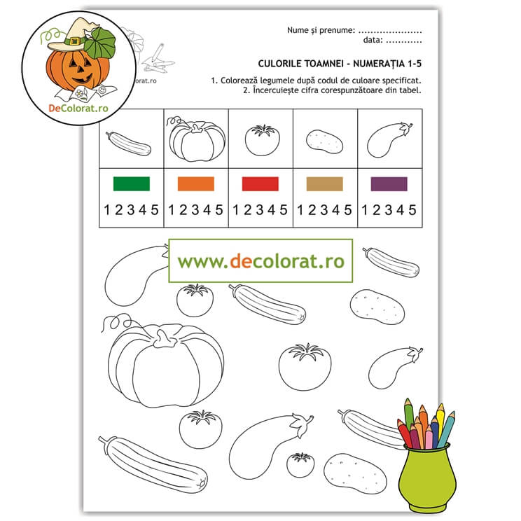 Culorile toamnei – fișă de colorat legume – numerația în limitele 1-5