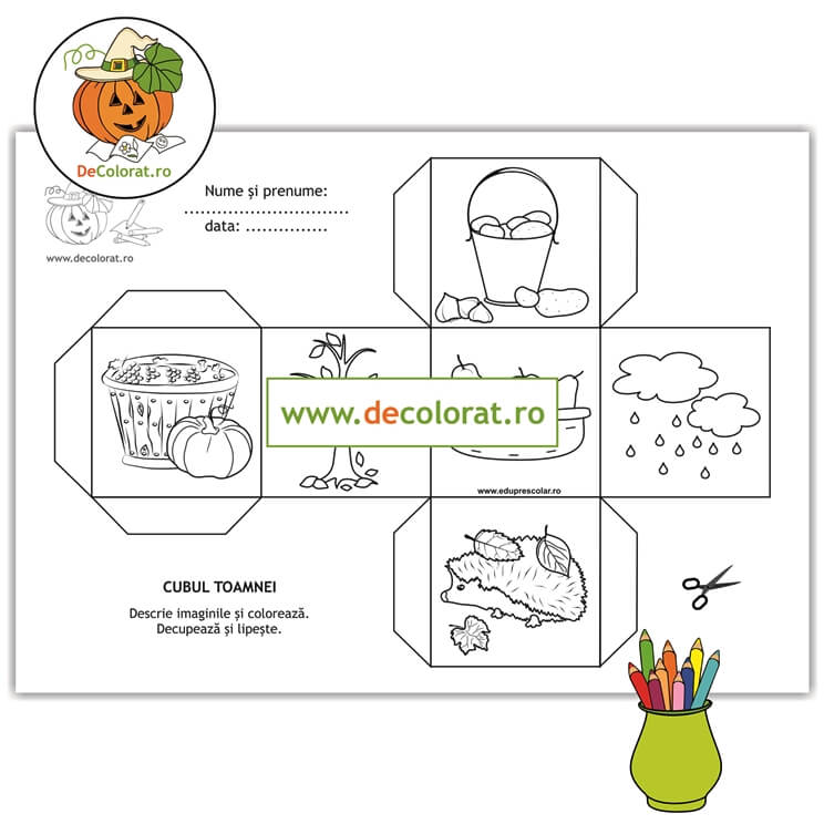 Imagini de toamnă – fișă de decupare și lipire cub