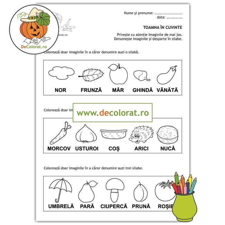 Fișă de lucru cu despărțirea în silabe – Toamna în cuvinte – Vocabular de toamnă